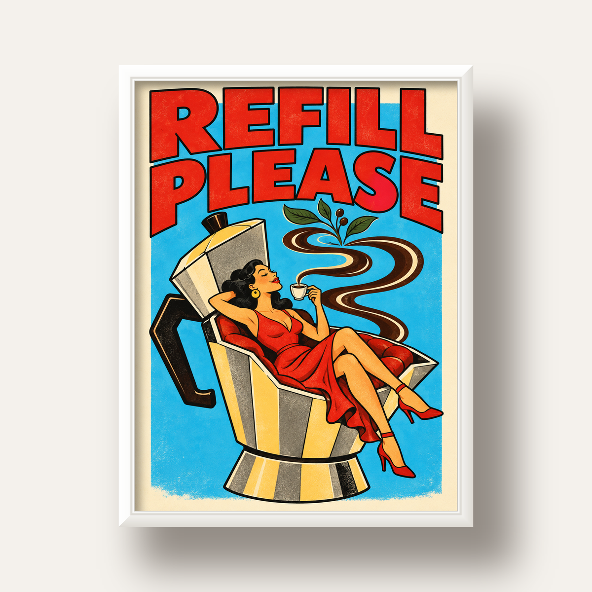 Refill Please Moka Pot Kahve Pop Art Poster — beyaz derin çerçeveli