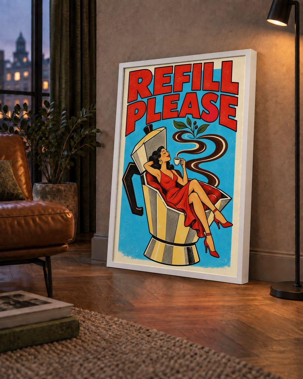 Refill Please Moka Pot Kahve Pop Art Poster — çerçeveli hâliyle bir ev duvarında
