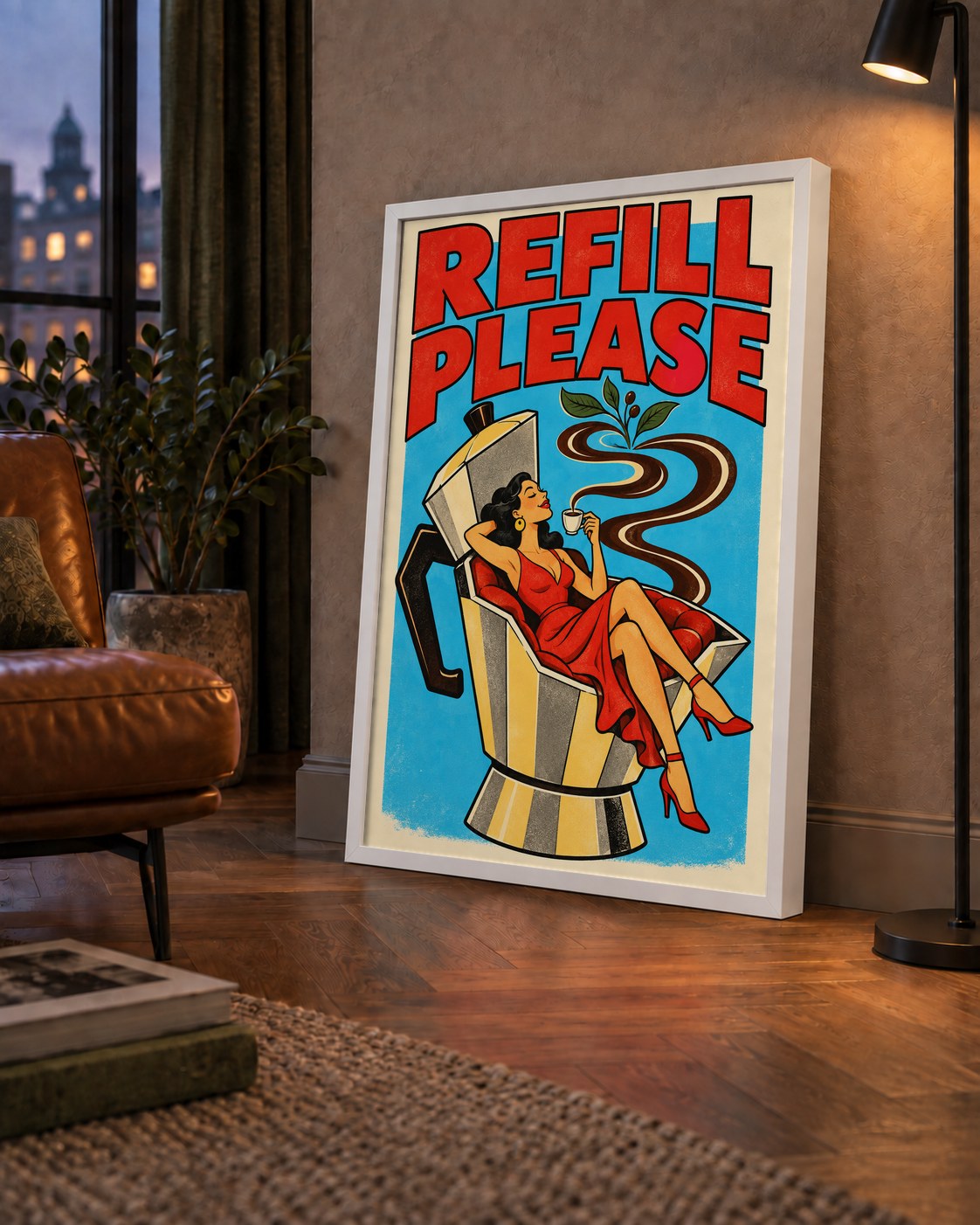 Refill Please Moka Pot Kahve Pop Art Poster — çerçeveli hâliyle bir ev duvarında