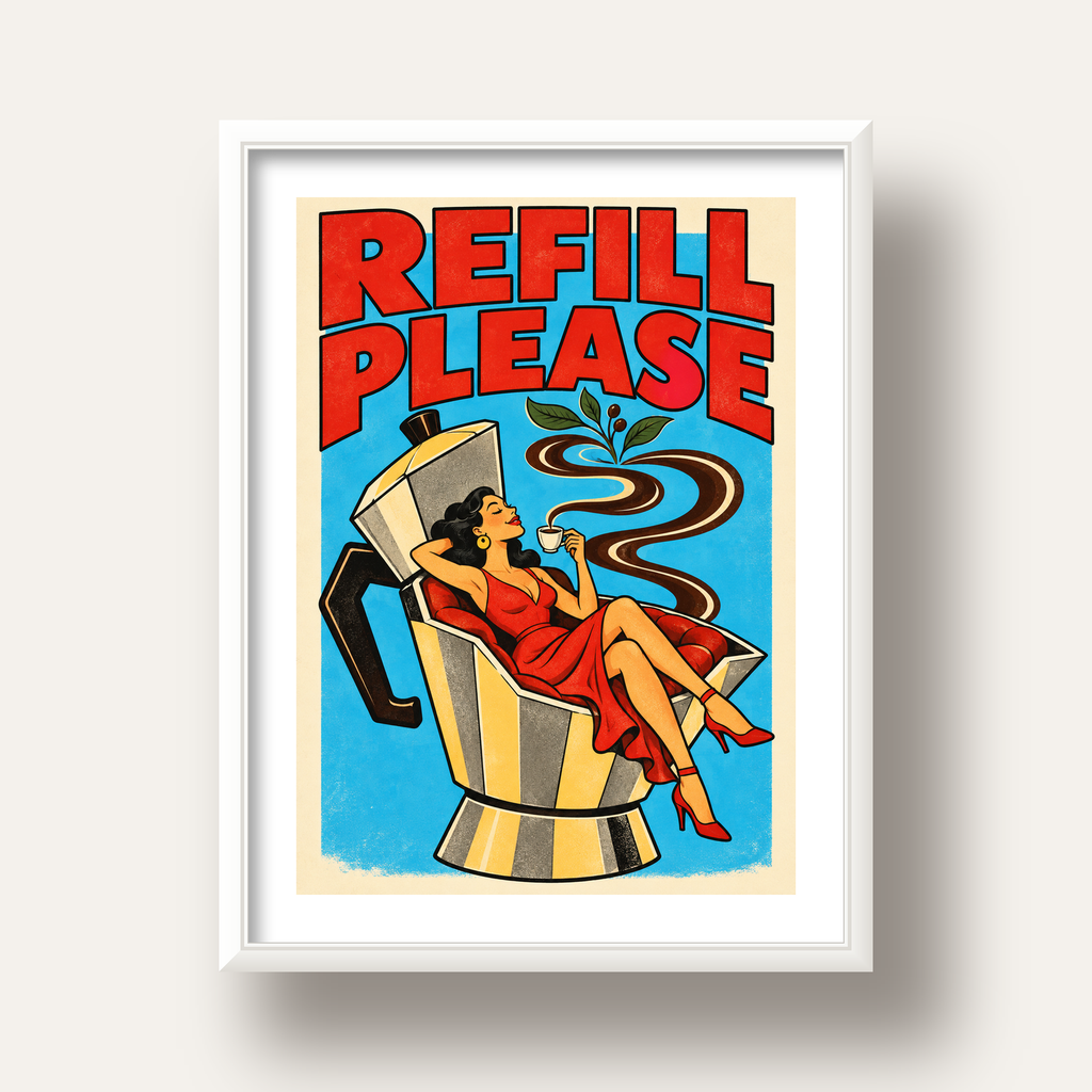 Refill Please Moka Pot Kahve Pop Art Poster — beyaz derin çerçeveli paspartulu