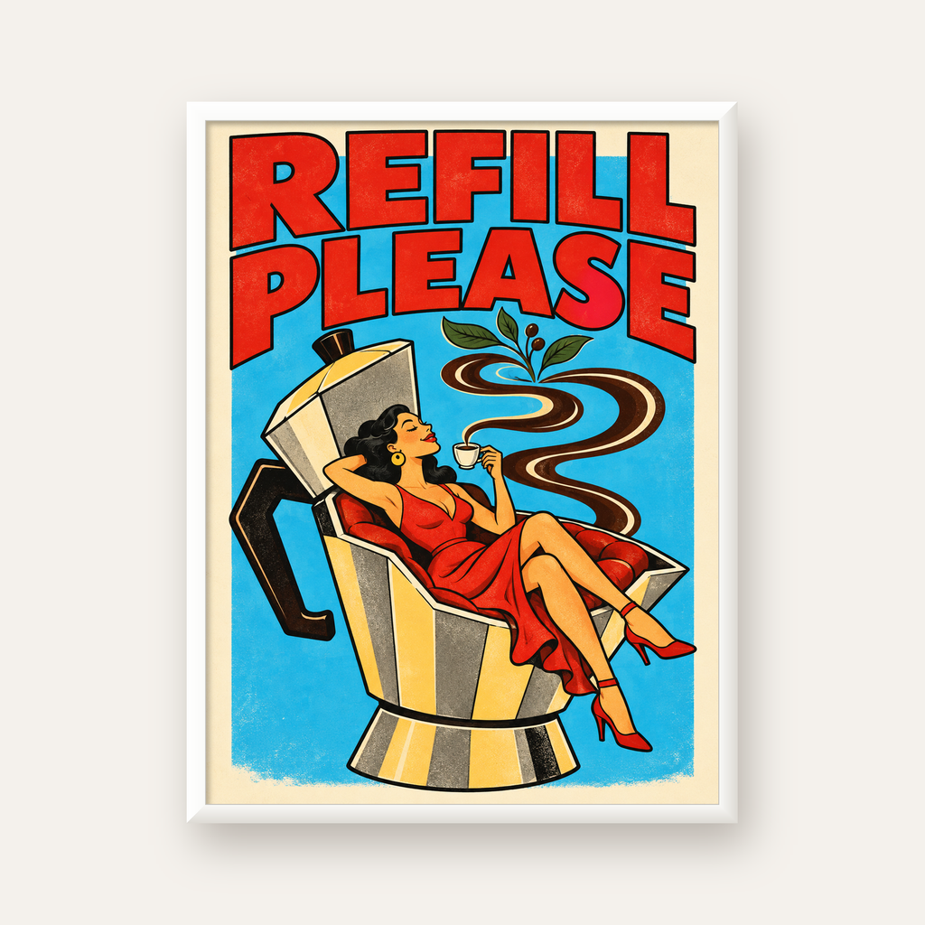 Refill Please Moka Pot Kahve Pop Art Poster — beyaz çerçeveli dikey poster