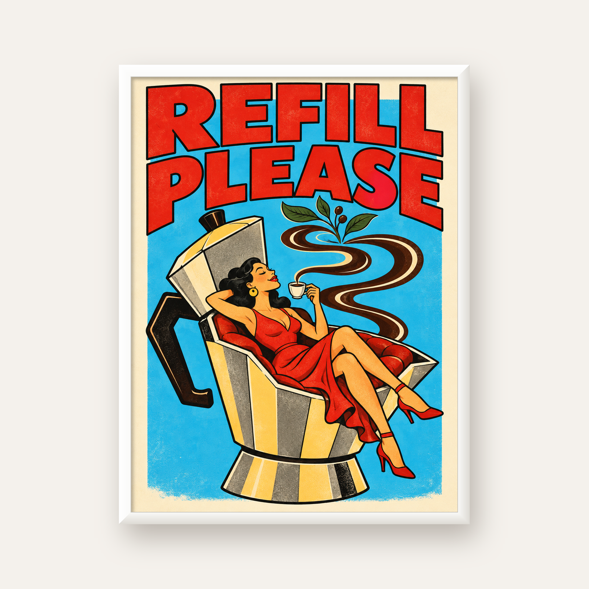 Refill Please Moka Pot Kahve Pop Art Poster — beyaz çerçeveli dikey poster