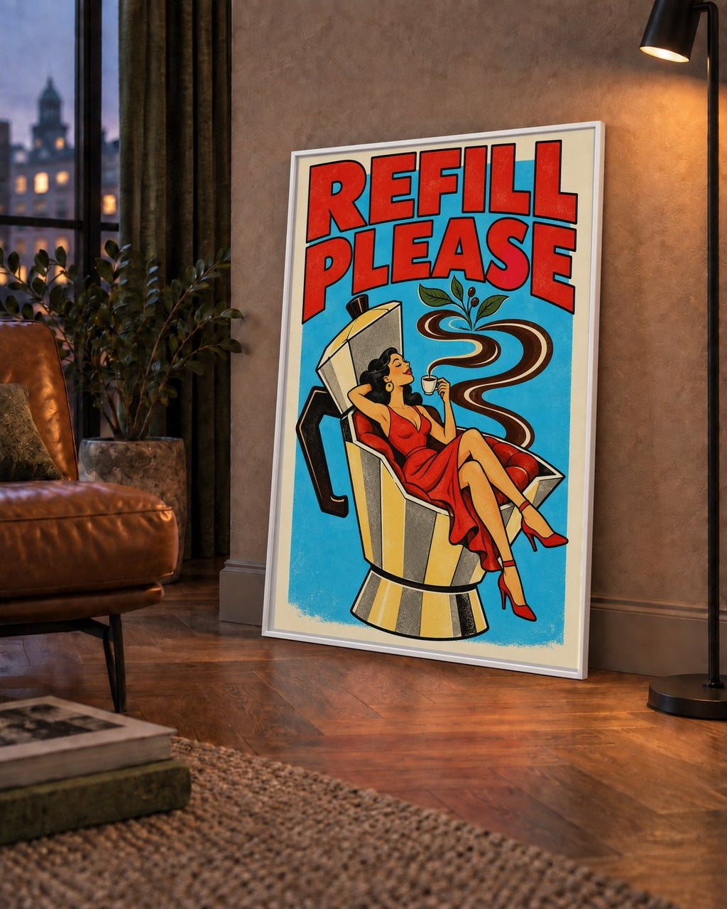 Refill Please Moka Pot Kahve Pop Art Poster — çerçeveli hâliyle bir ev duvarında