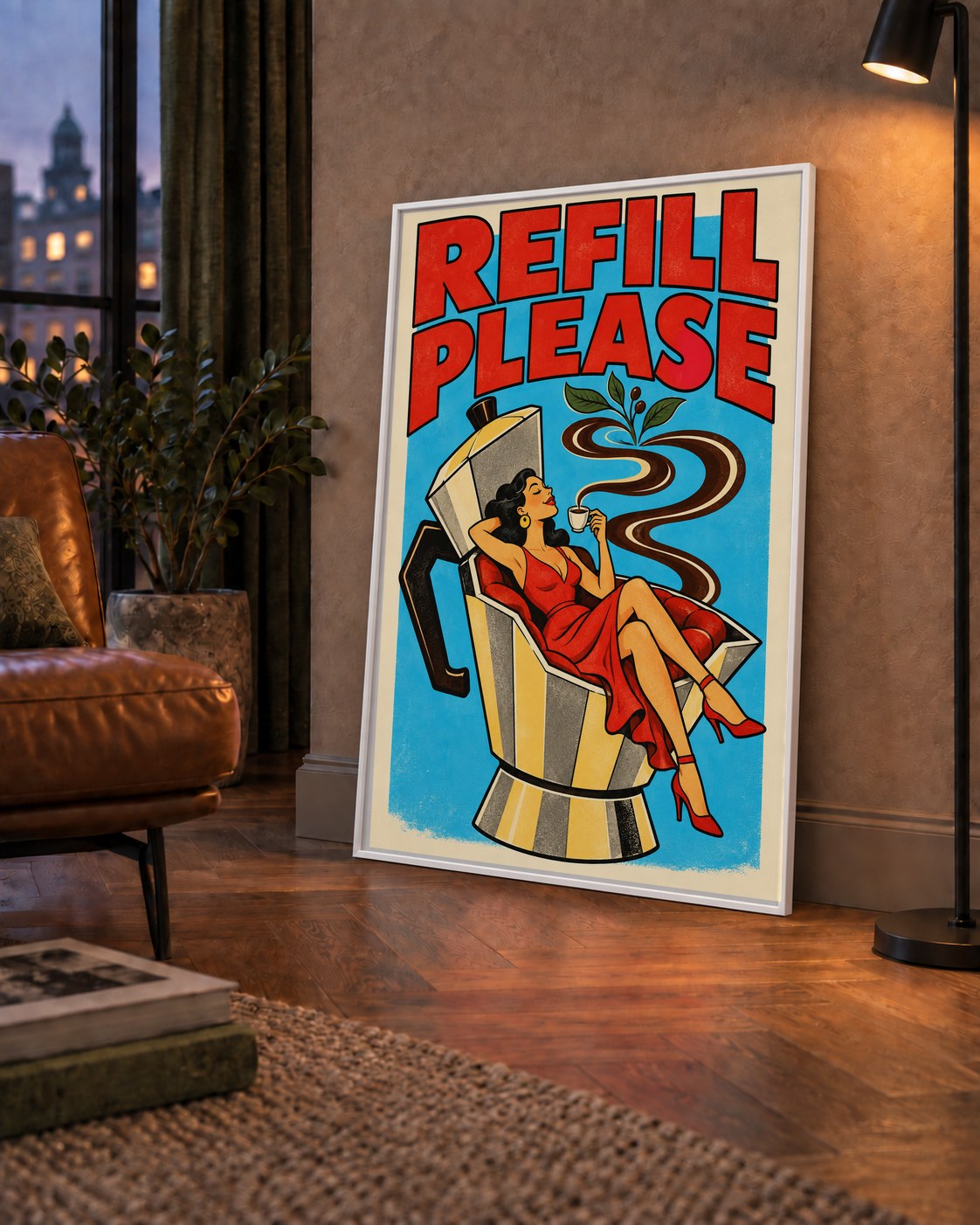 Refill Please Moka Pot Kahve Pop Art Poster — çerçeveli hâliyle bir ev duvarında