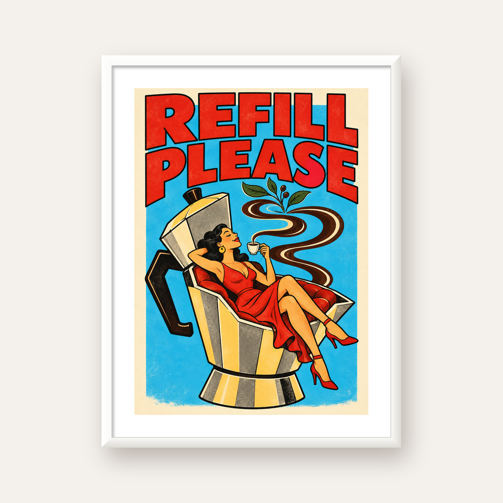 Refill Please Moka Pot Kahve Pop Art Poster — beyaz çerçeveli dikey poster