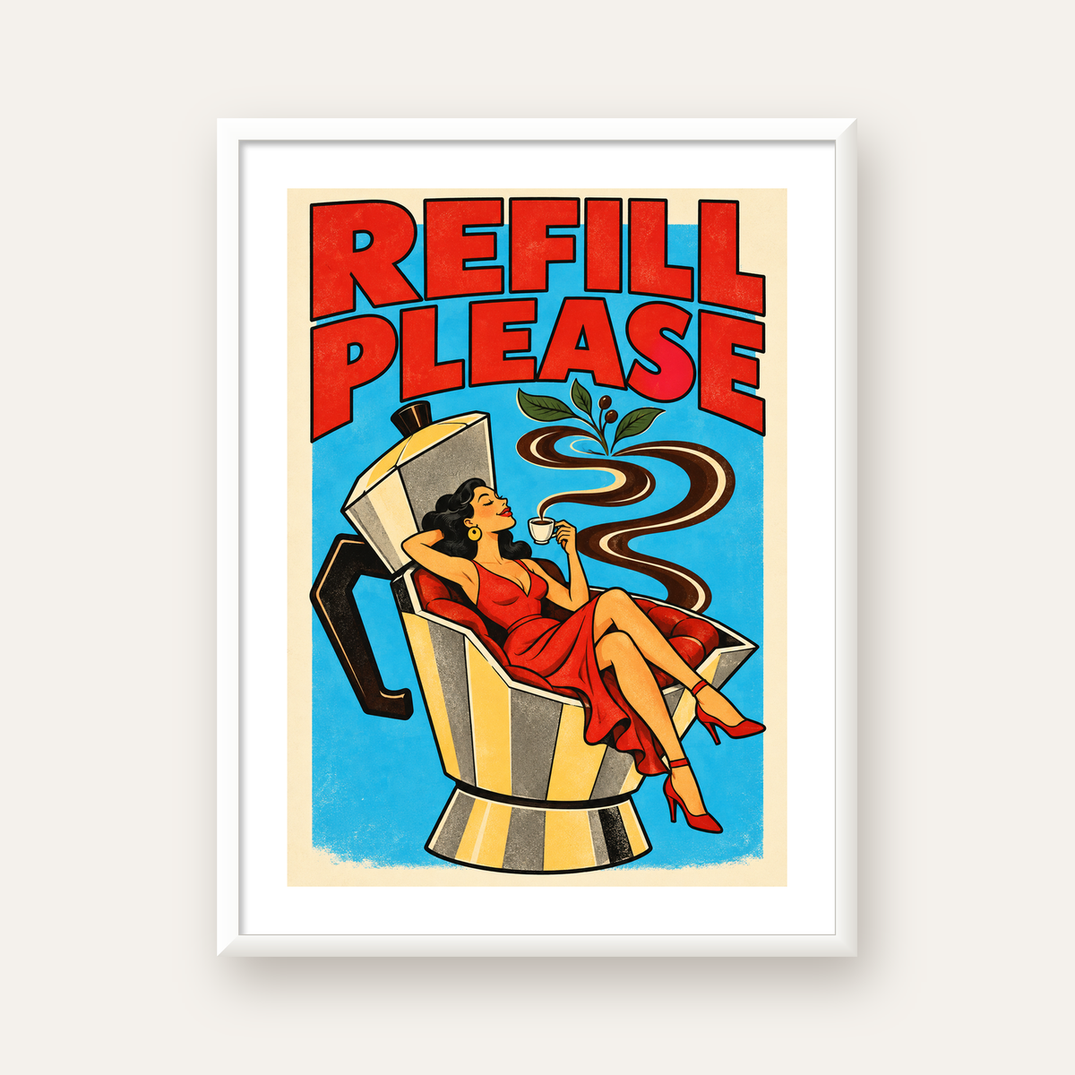 Refill Please Moka Pot Kahve Pop Art Poster — beyaz çerçeveli dikey poster