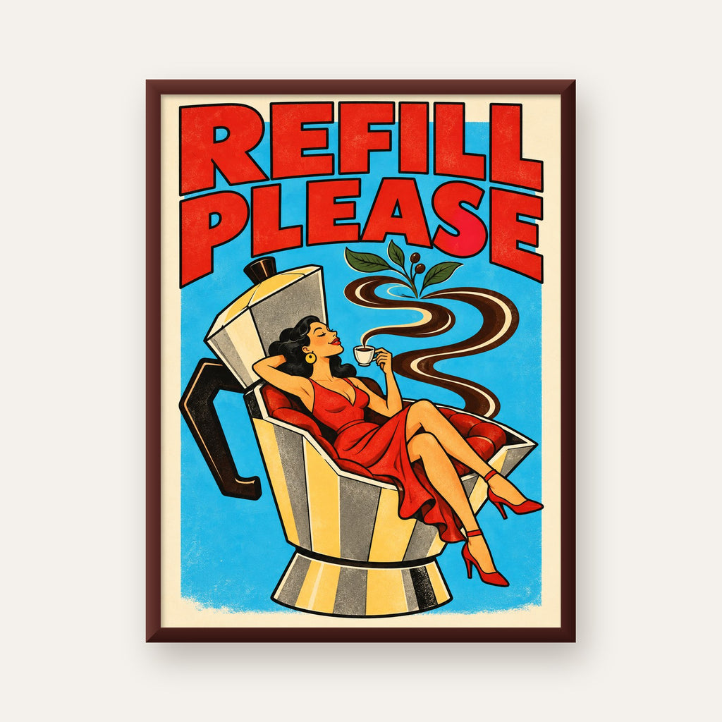 Refill Please Moka Pot Kahve Pop Art Poster — ceviz çerçeveli