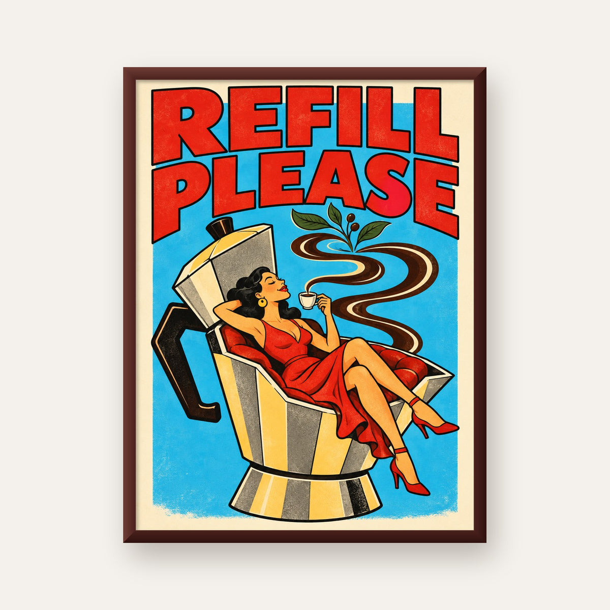 Refill Please Moka Pot Kahve Pop Art Poster — ceviz çerçeveli