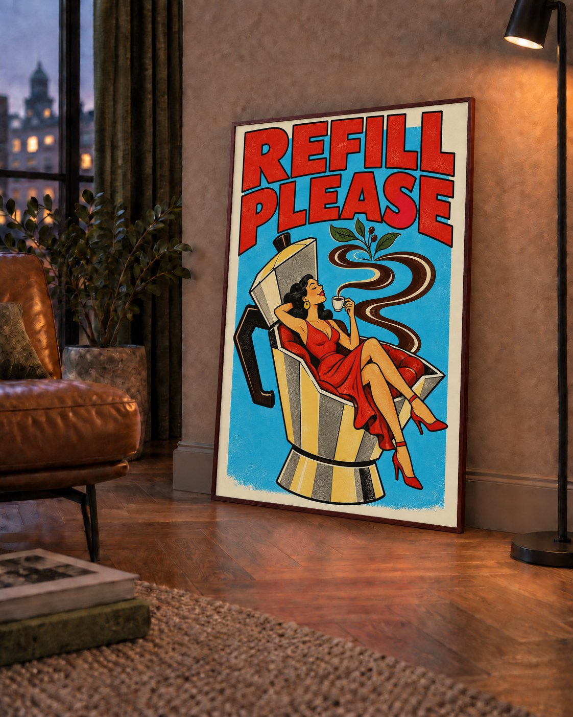 Refill Please Moka Pot Kahve Pop Art Poster — çerçeveli hâliyle bir ev duvarında