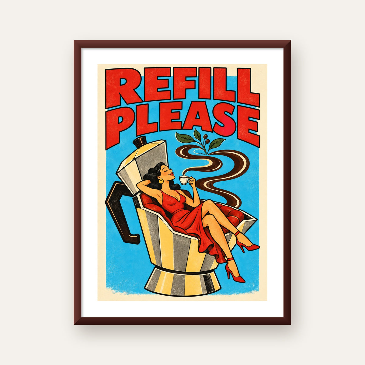 Refill Please Moka Pot Kahve Pop Art Poster — ceviz çerçeveli paspartulu