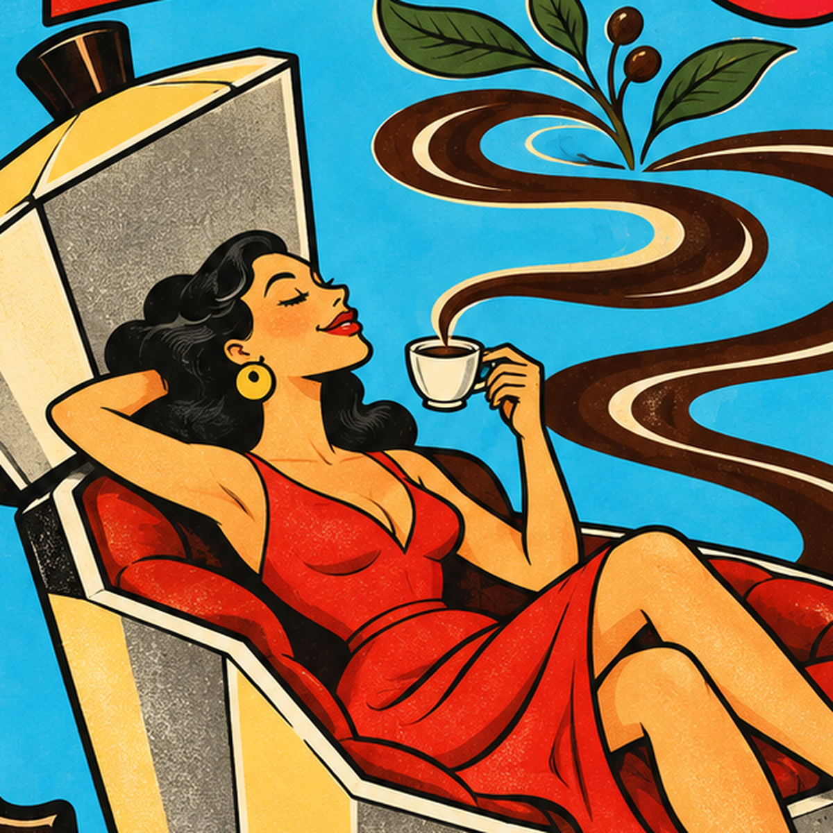 Retro Kahve ve Kadın İllüstrasyonlu Poster – REFILL PLEASE — baskının yakın çekimi, kâğıt dokusu ve renk detayı