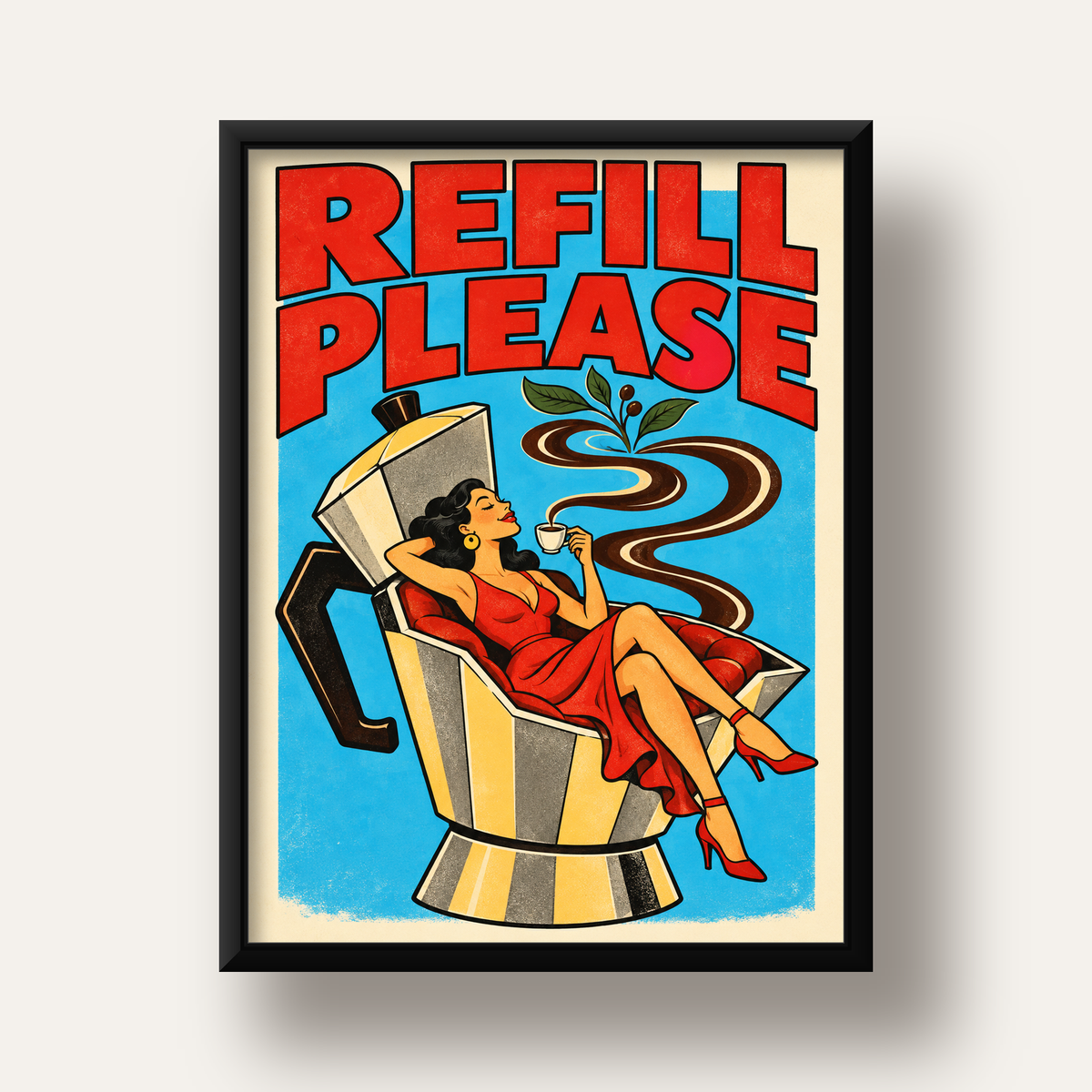 Refill Please Moka Pot Kahve Pop Art Poster — siyah derin çerçeveli