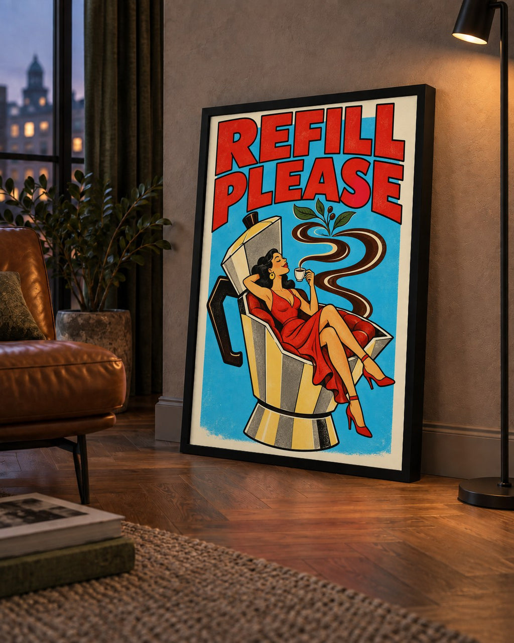 Refill Please Moka Pot Kahve Pop Art Poster — çerçeveli hâliyle bir ev duvarında