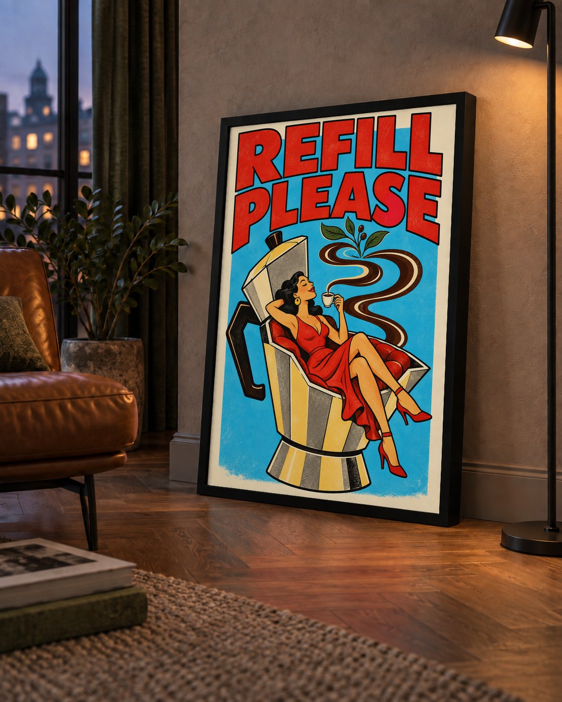 Refill Please Moka Pot Kahve Pop Art Poster — çerçeveli hâliyle bir ev duvarında