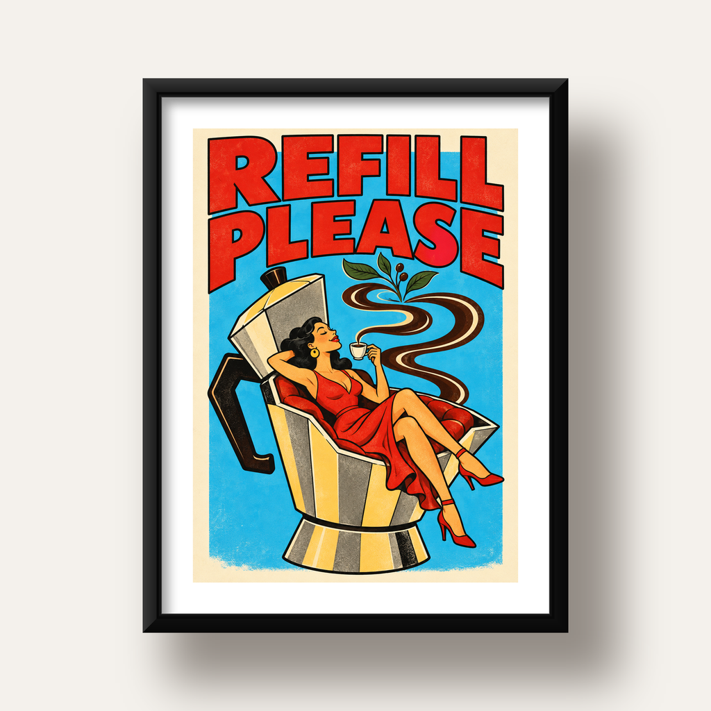 Refill Please Moka Pot Kahve Pop Art Poster — siyah derin çerçeveli paspartulu