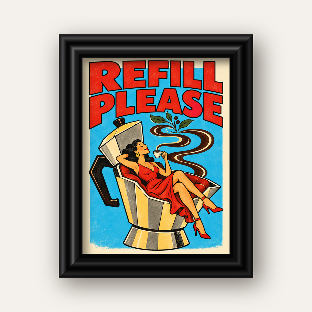 Refill Please Moka Pot Kahve Pop Art Poster — siyah galeri çerçeveli