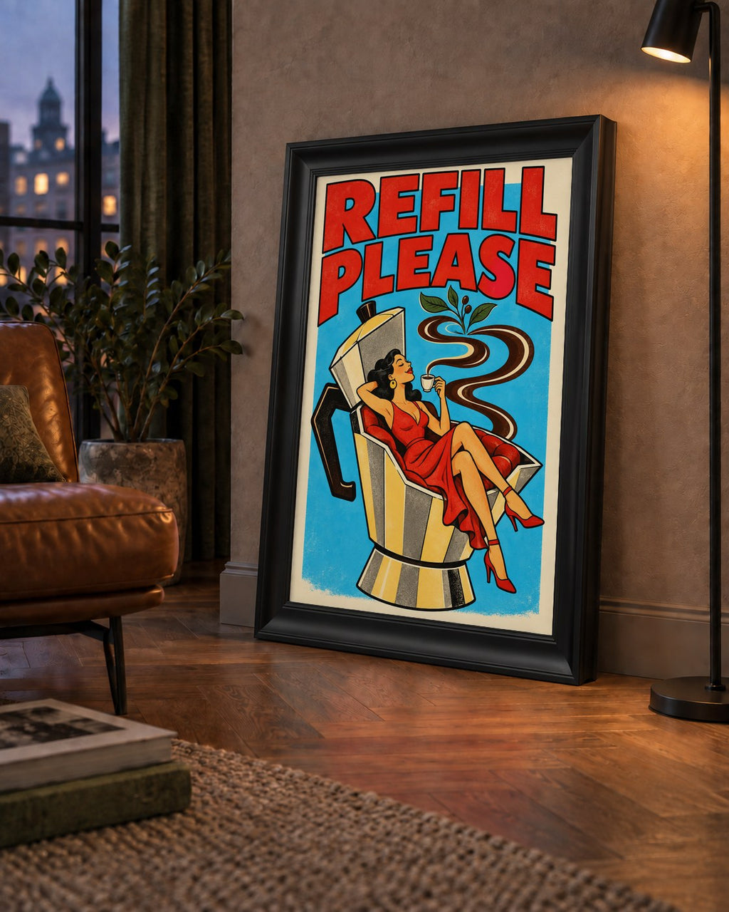 Refill Please Moka Pot Kahve Pop Art Poster — çerçeveli hâliyle bir ev duvarında