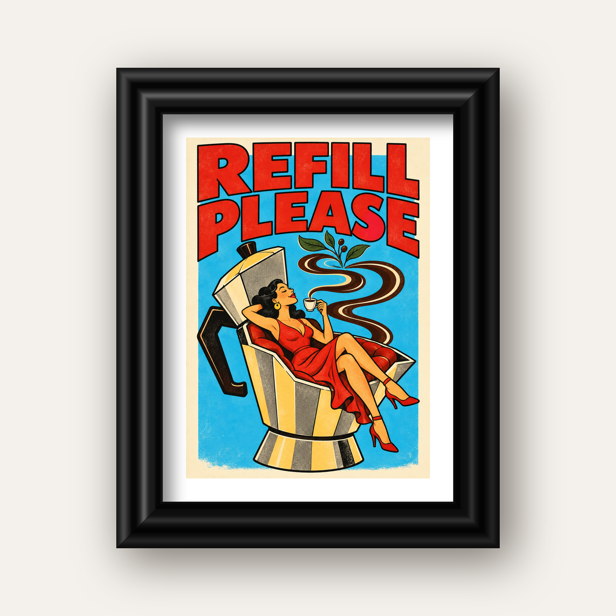 Refill Please Moka Pot Kahve Pop Art Poster — siyah galeri çerçeveli paspartulu