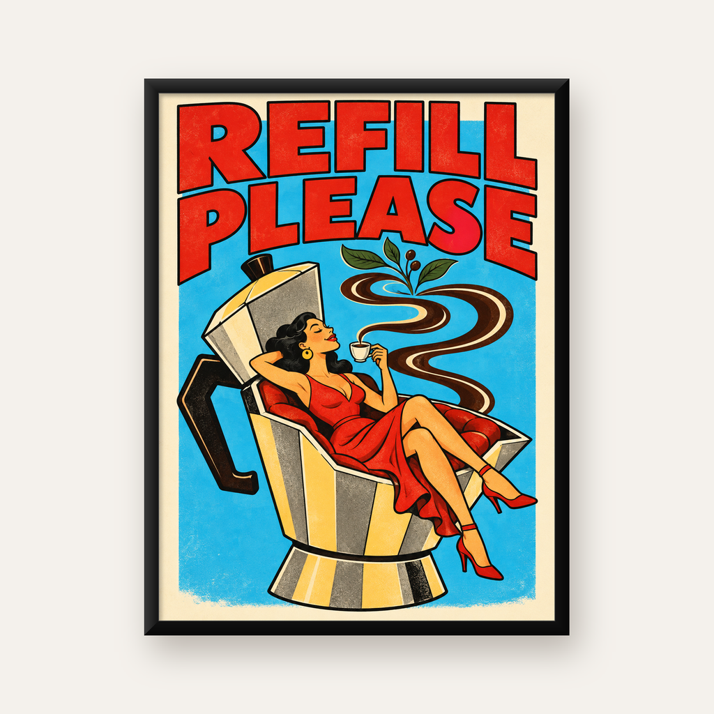 Retro Kahve ve Kadın İllüstrasyonlu Poster – REFILL PLEASE — Dikey baskı, düz siyah çerçeveli duvar posteri