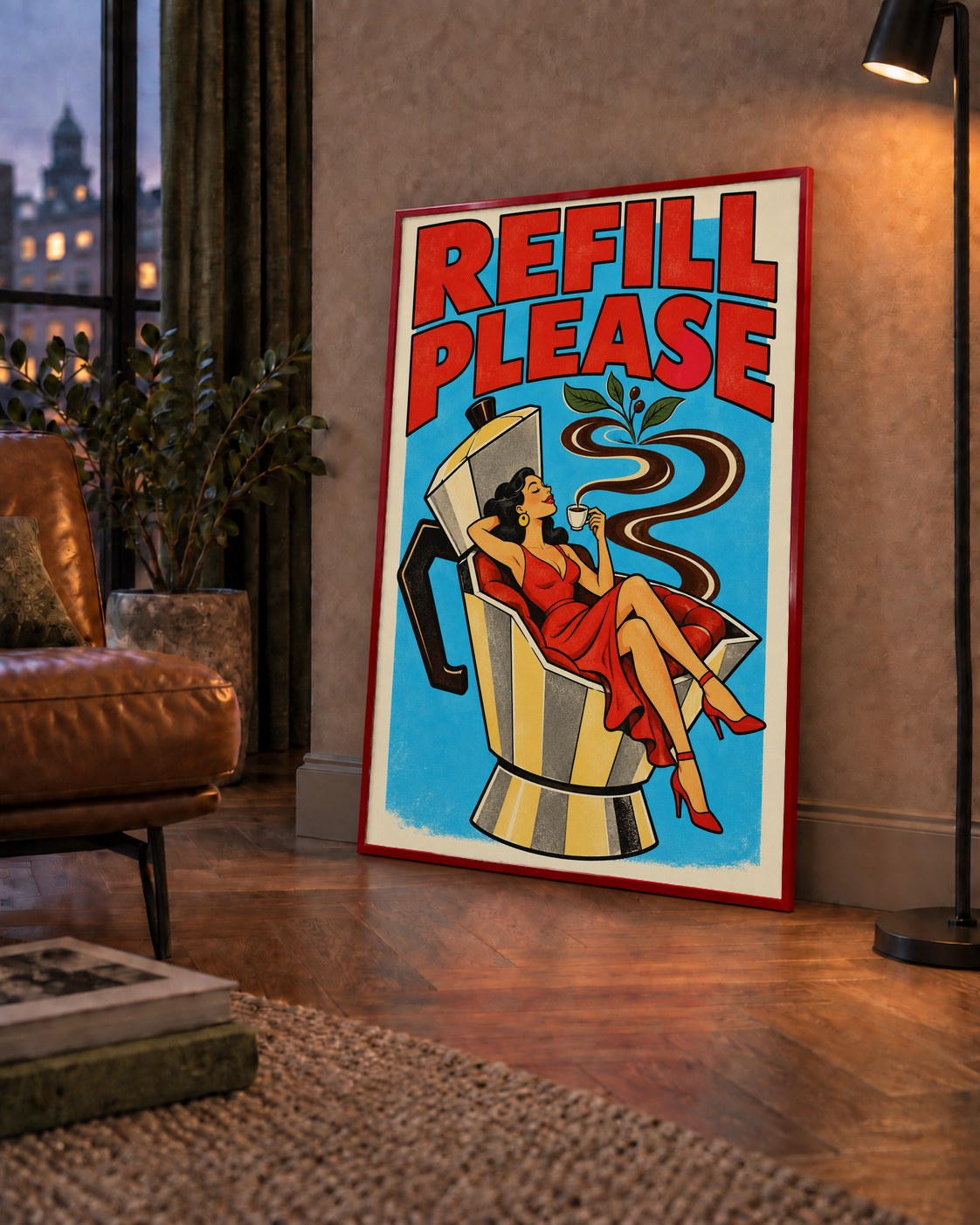 Refill Please Moka Pot Kahve Pop Art Poster — çerçeveli hâliyle bir ev duvarında