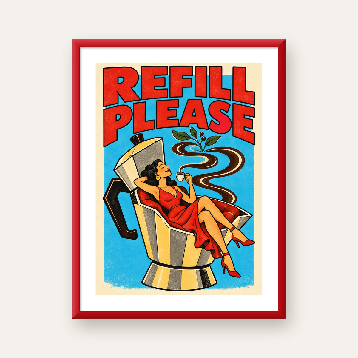 Refill Please Moka Pot Kahve Pop Art Poster — kırmızı çerçeveli paspartulu