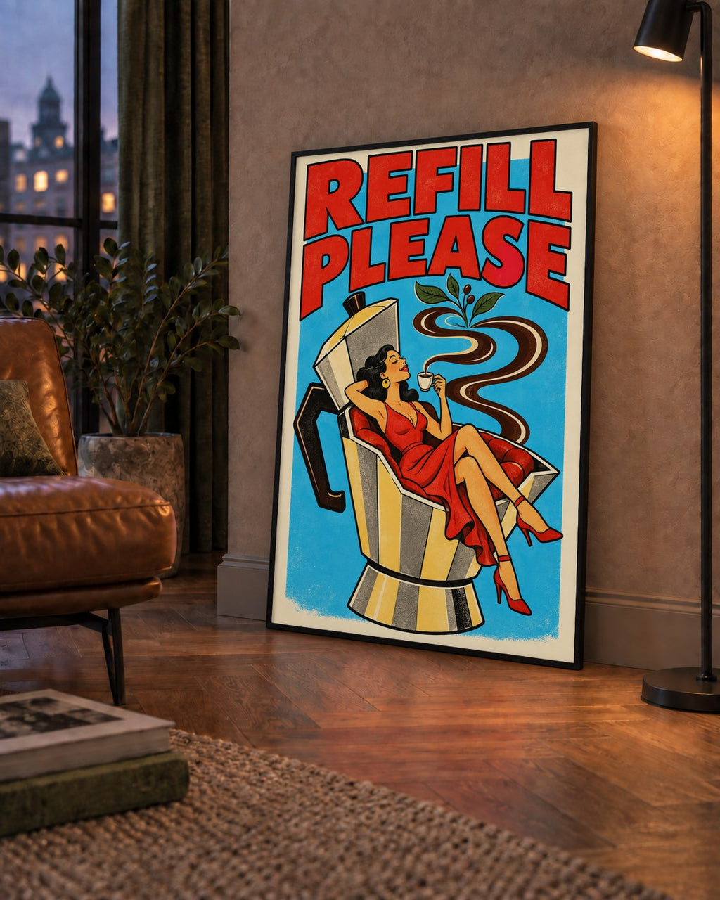 Refill Please Moka Pot Kahve Pop Art Poster — çerçeveli hâliyle bir ev duvarında