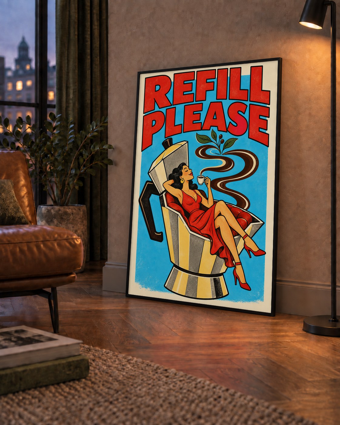 Refill Please Moka Pot Kahve Pop Art Poster — çerçeveli hâliyle bir ev duvarında