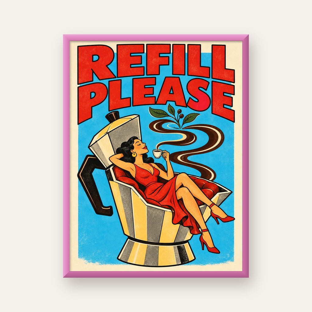 Refill Please Moka Pot Kahve Pop Art Poster — pembe çerçeveli