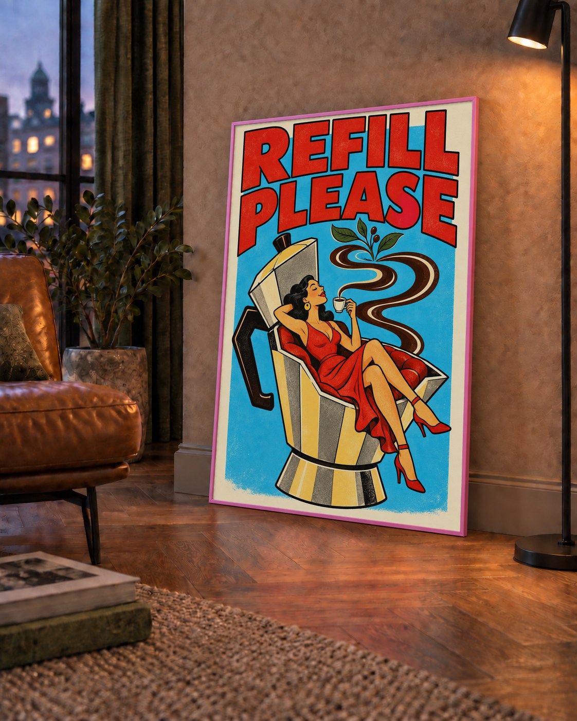 Refill Please Moka Pot Kahve Pop Art Poster — çerçeveli hâliyle bir ev duvarında