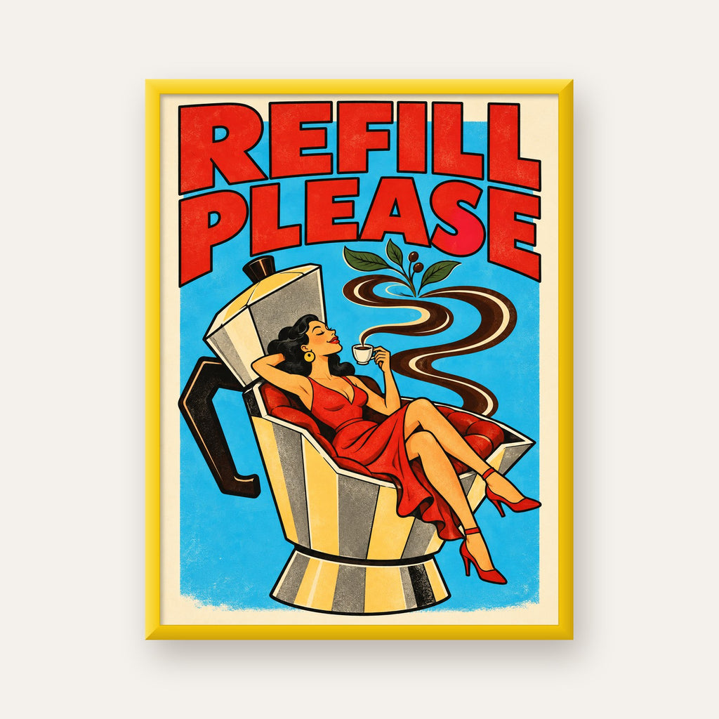 Refill Please Moka Pot Kahve Pop Art Poster — sarı çerçeveli