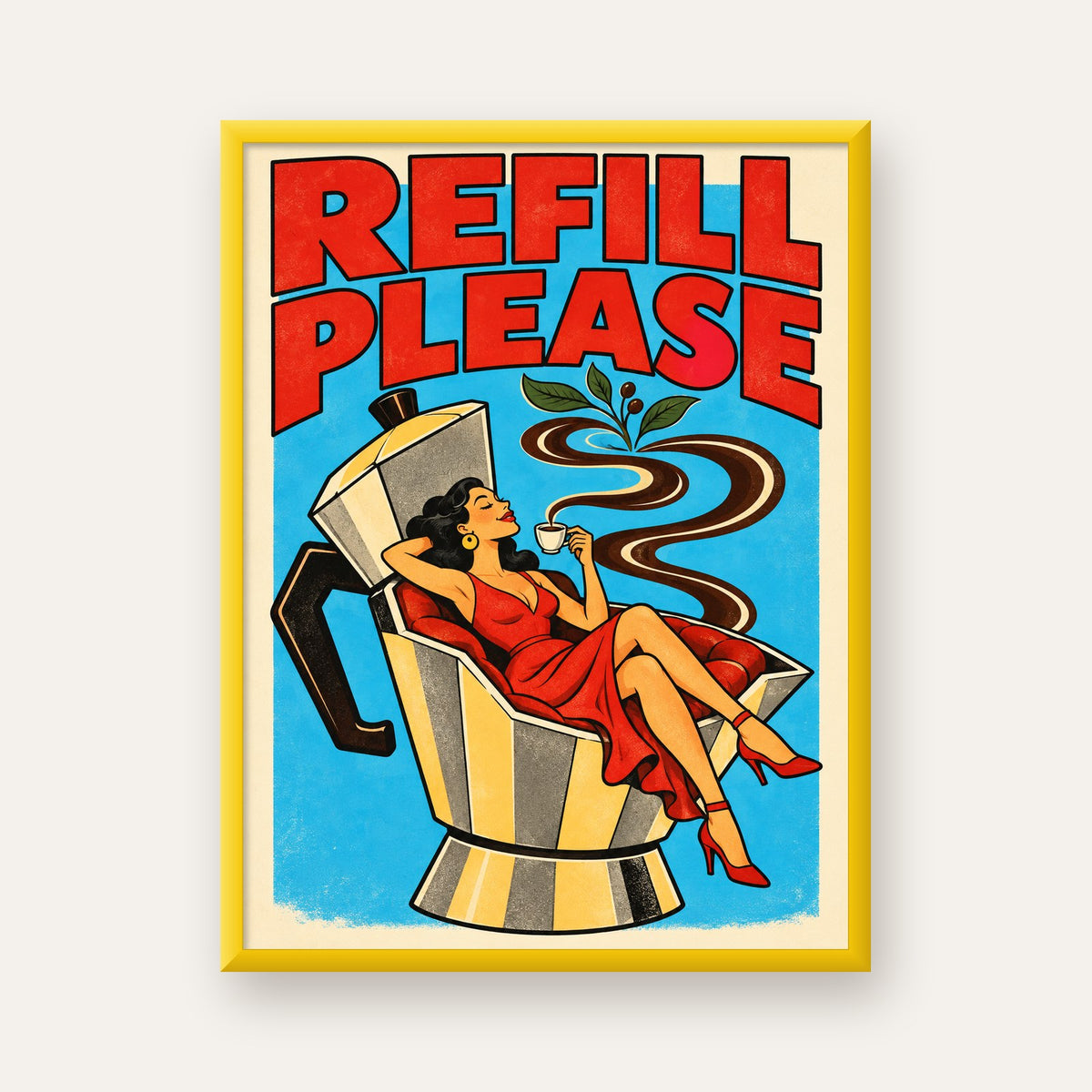 Refill Please Moka Pot Kahve Pop Art Poster — sarı çerçeveli