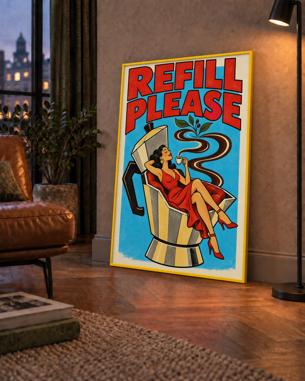 Refill Please Moka Pot Kahve Pop Art Poster — çerçeveli hâliyle bir ev duvarında
