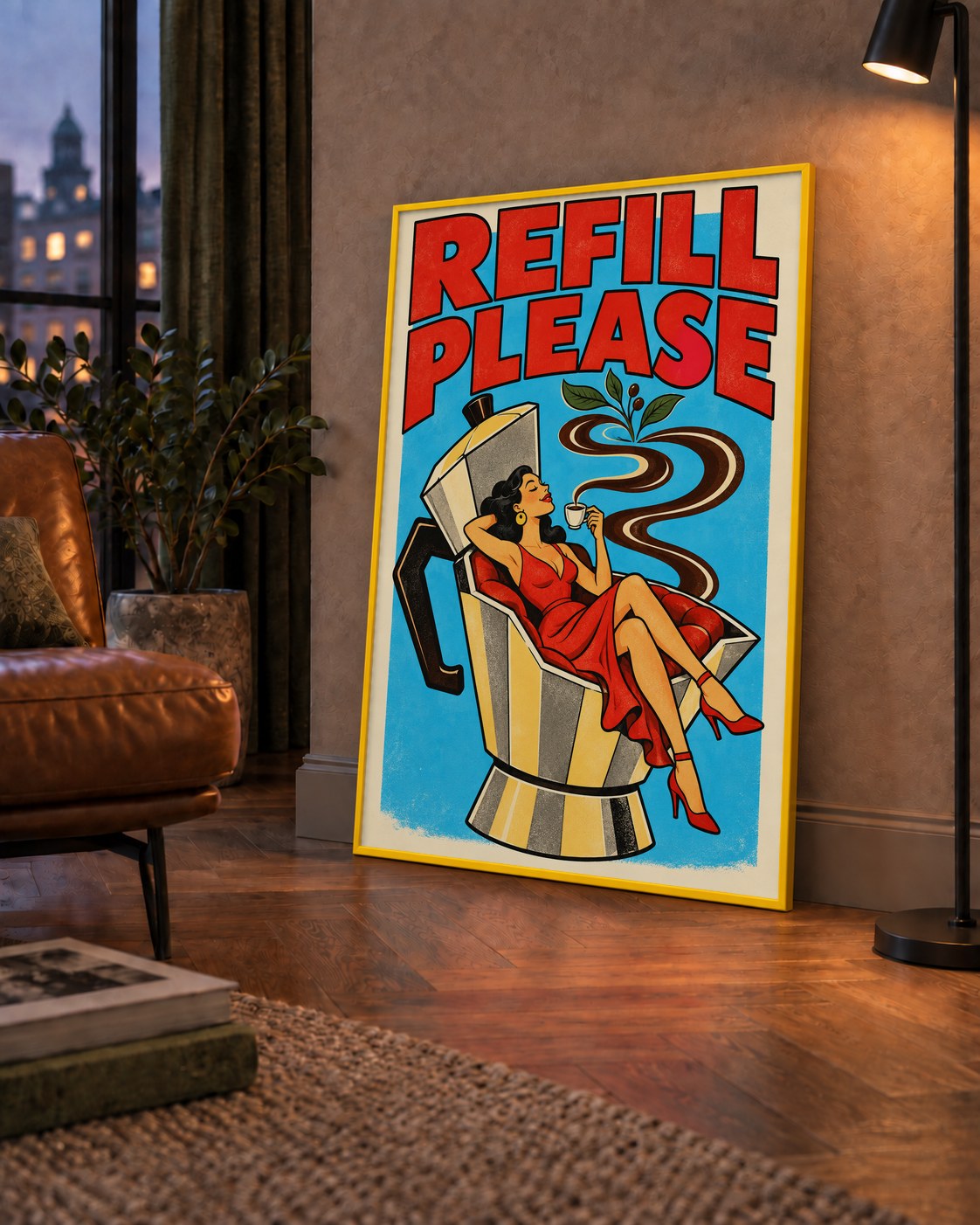 Refill Please Moka Pot Kahve Pop Art Poster — çerçeveli hâliyle bir ev duvarında