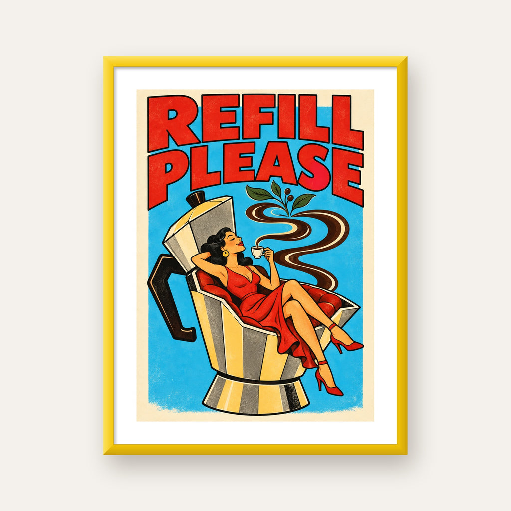 Refill Please Moka Pot Kahve Pop Art Poster — sarı çerçeveli paspartulu