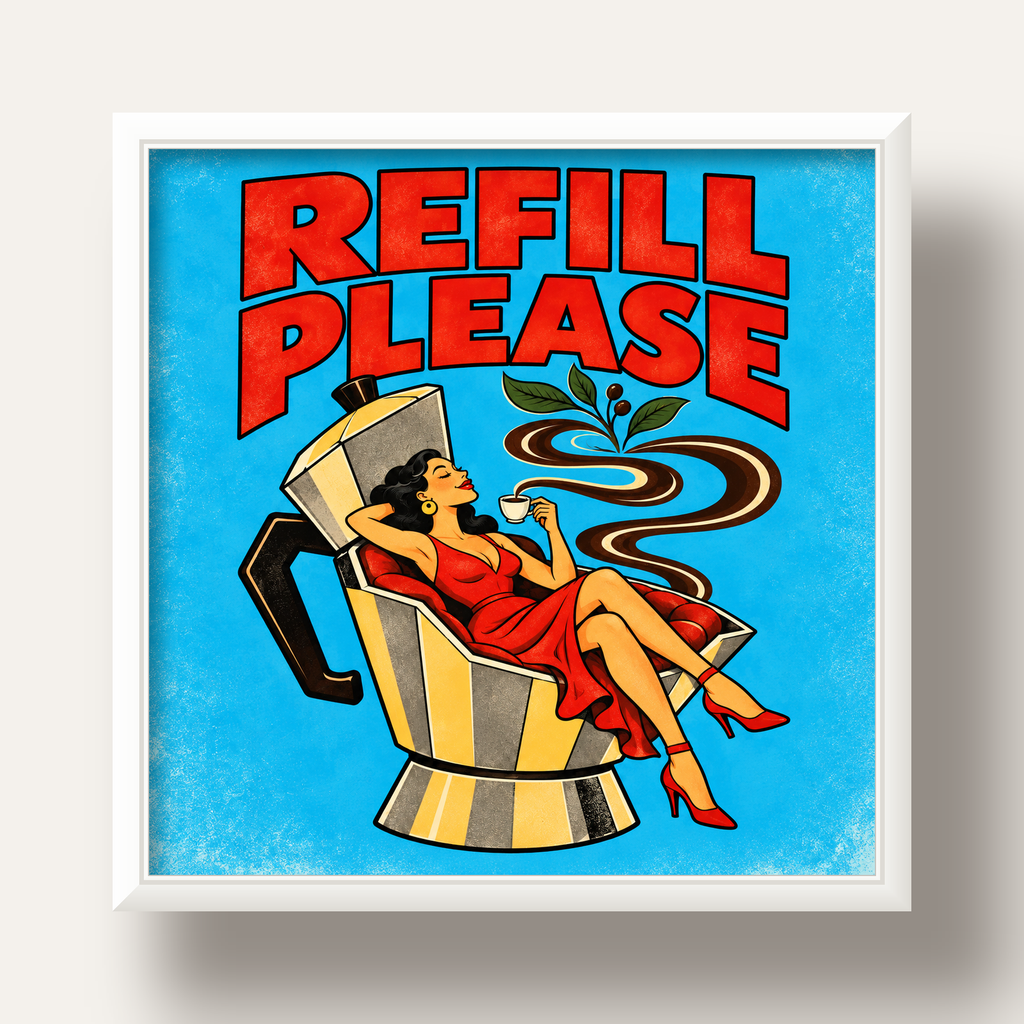Refill Please Moka Pot Kahve Pop Art Poster — beyaz derin çerçeveli