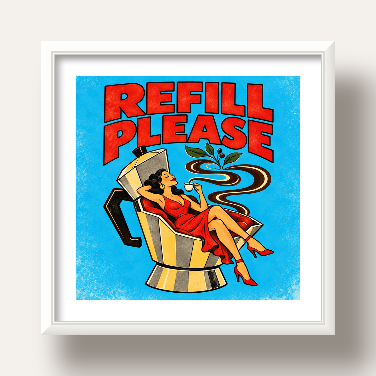 Refill Please Moka Pot Kahve Pop Art Poster — beyaz derin çerçeveli paspartulu