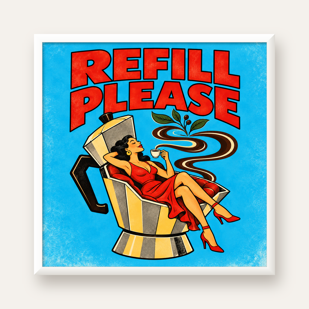 Refill Please Moka Pot Kahve Pop Art Poster — beyaz çerçeveli kare poster