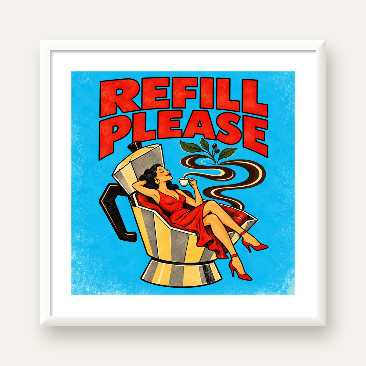 Refill Please Moka Pot Kahve Pop Art Poster — beyaz çerçeveli kare poster