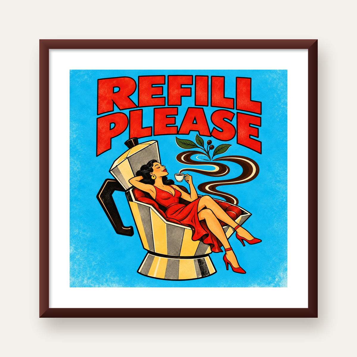 Refill Please Moka Pot Kahve Pop Art Poster — ceviz çerçeveli paspartulu