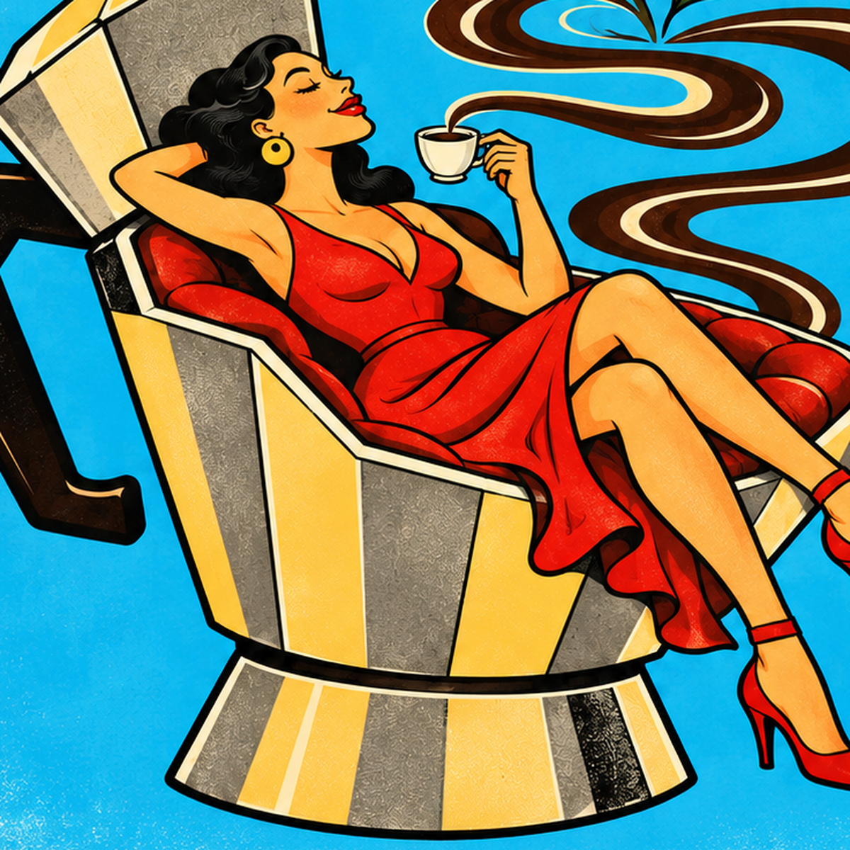 Retro Kahve ve Kadın İllüstrasyonlu Poster – REFILL PLEASE — baskının yakın çekimi, kâğıt dokusu ve renk detayı