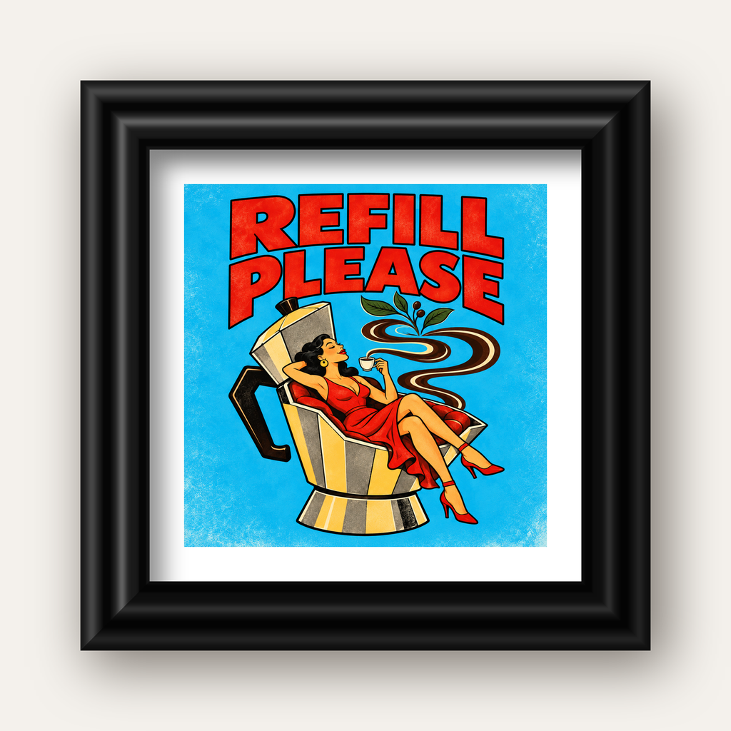 Refill Please Moka Pot Kahve Pop Art Poster — siyah galeri çerçeveli paspartulu