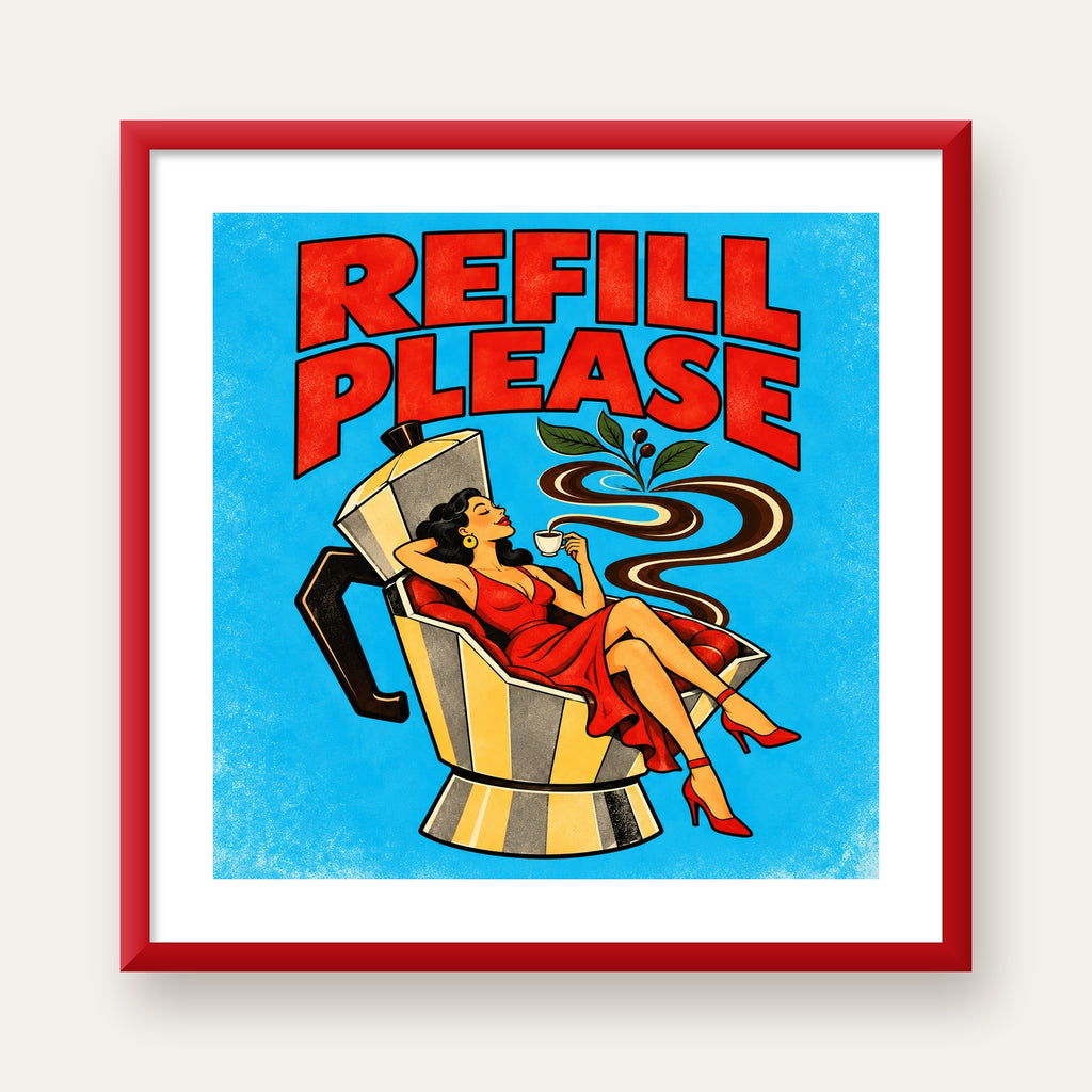 Refill Please Moka Pot Kahve Pop Art Poster — kırmızı çerçeveli paspartulu