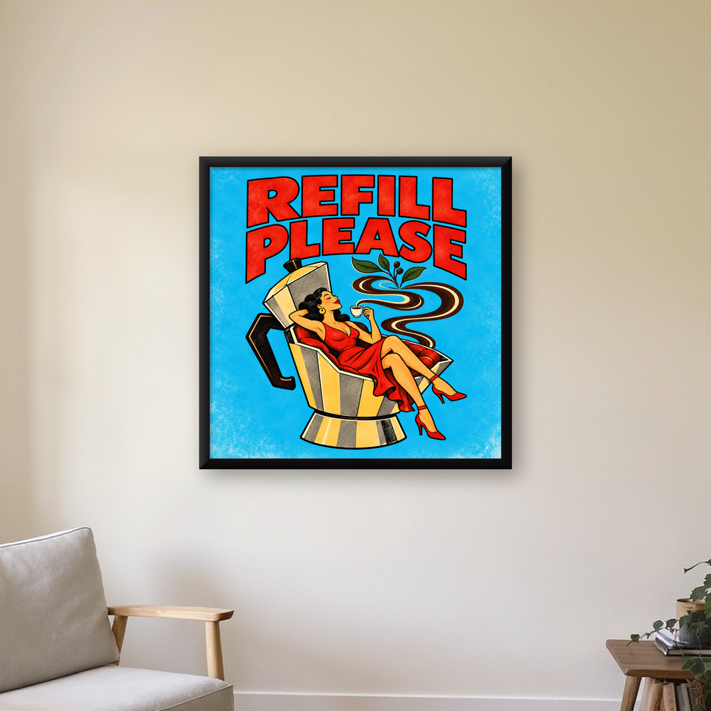 Retro Kahve ve Kadın İllüstrasyonlu Poster – REFILL PLEASE — Kare baskı, çerçeveli hâliyle bir ev duvarında