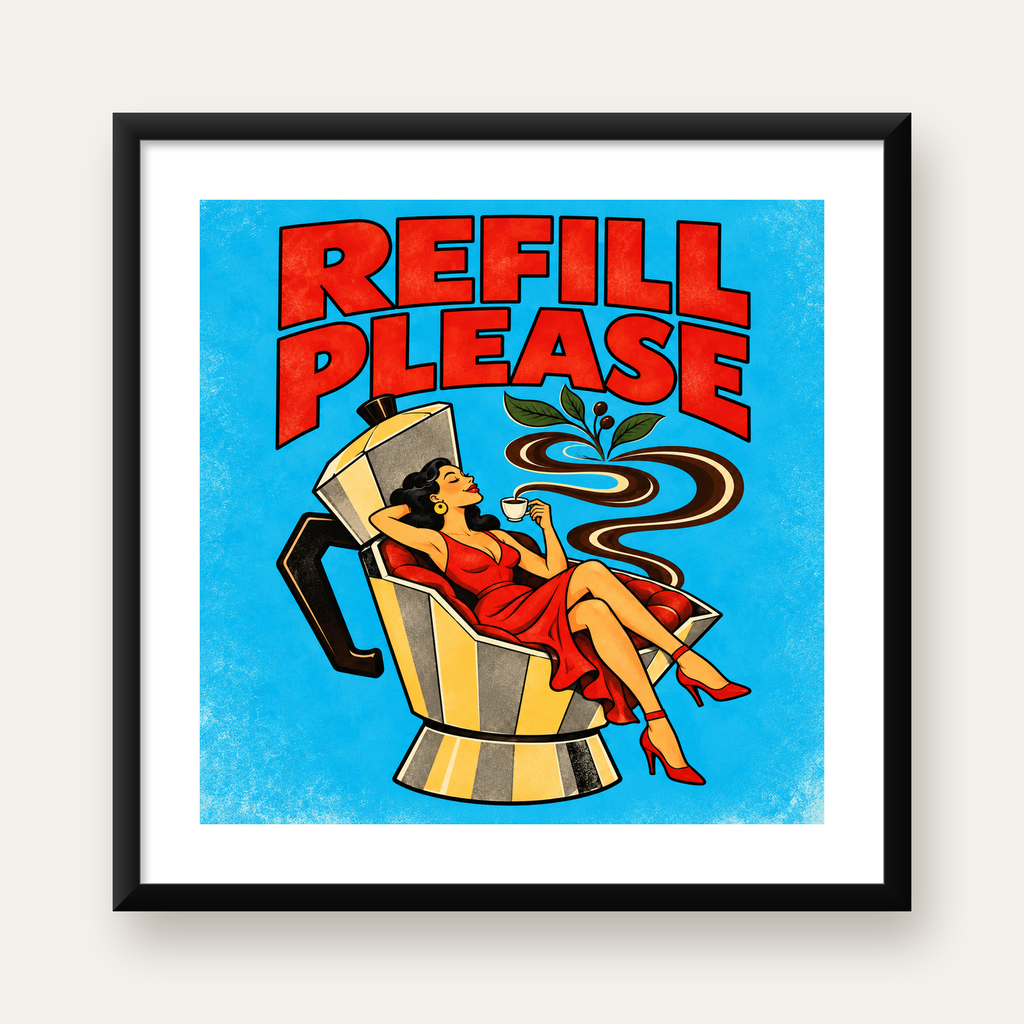 Retro Kahve ve Kadın İllüstrasyonlu Poster – REFILL PLEASE — Kare baskı, beyaz kenar boşluklu