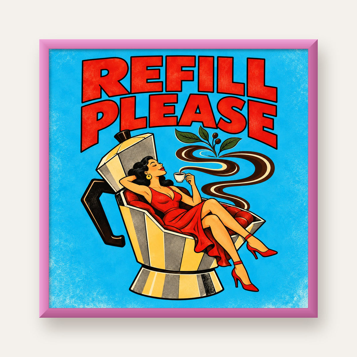 Refill Please Moka Pot Kahve Pop Art Poster — pembe çerçeveli