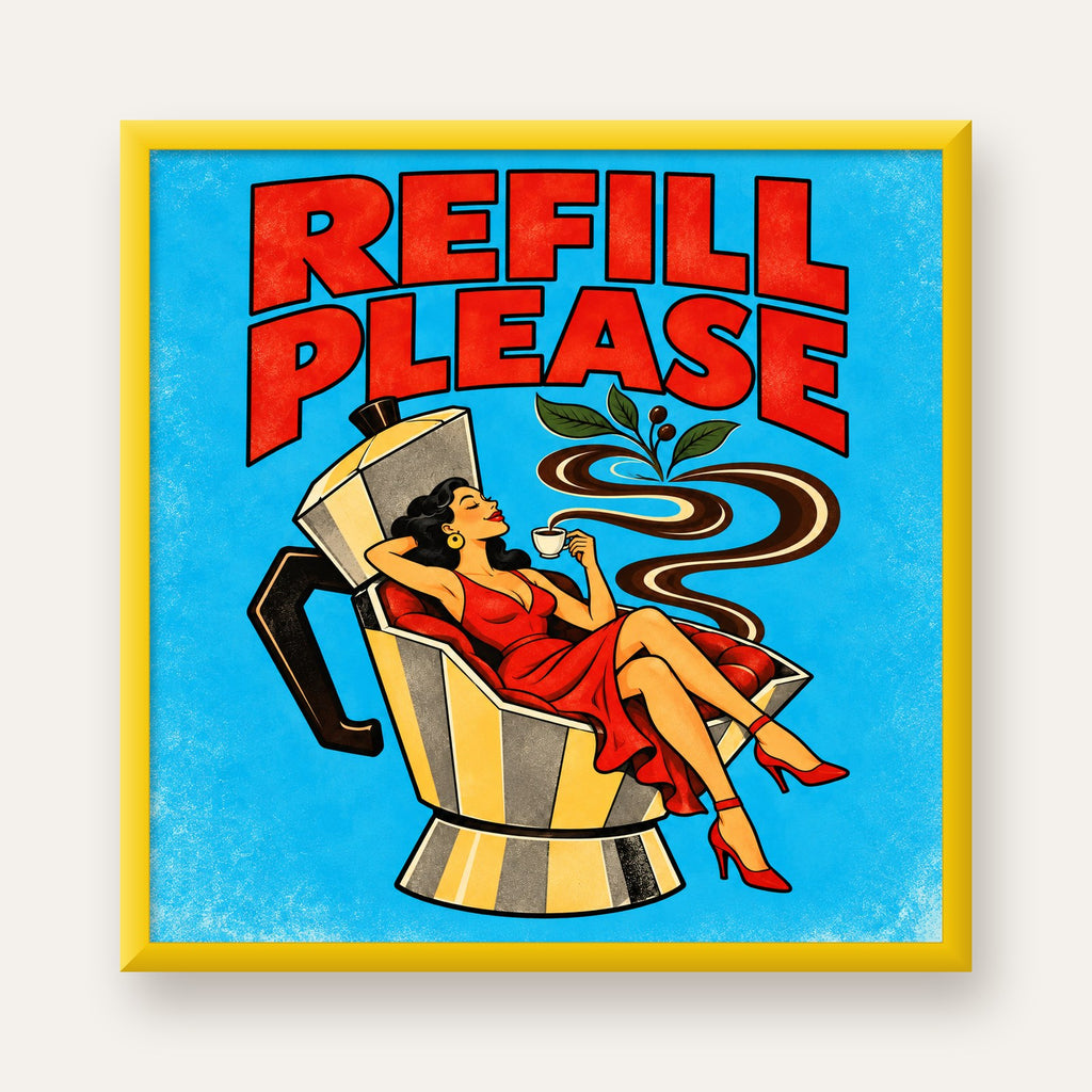 Refill Please Moka Pot Kahve Pop Art Poster — sarı çerçeveli