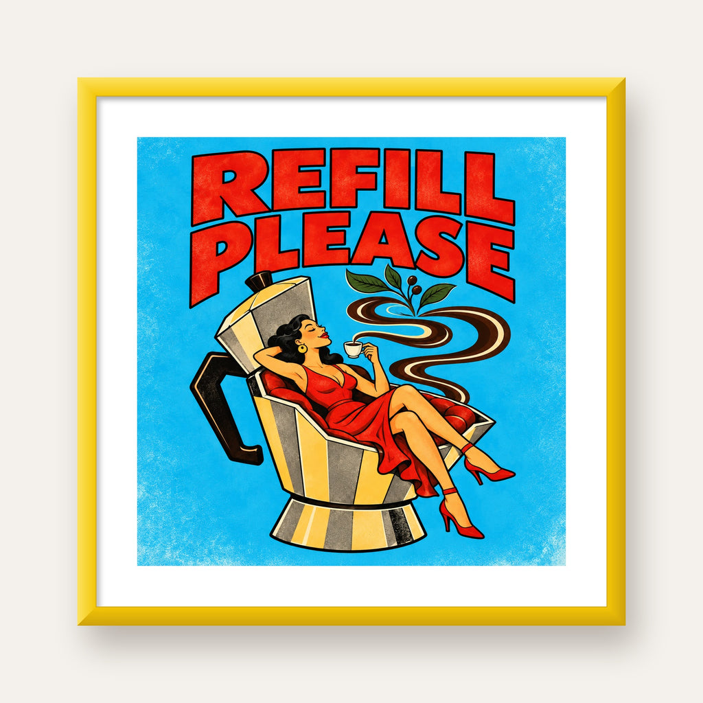 Refill Please Moka Pot Kahve Pop Art Poster — sarı çerçeveli paspartulu