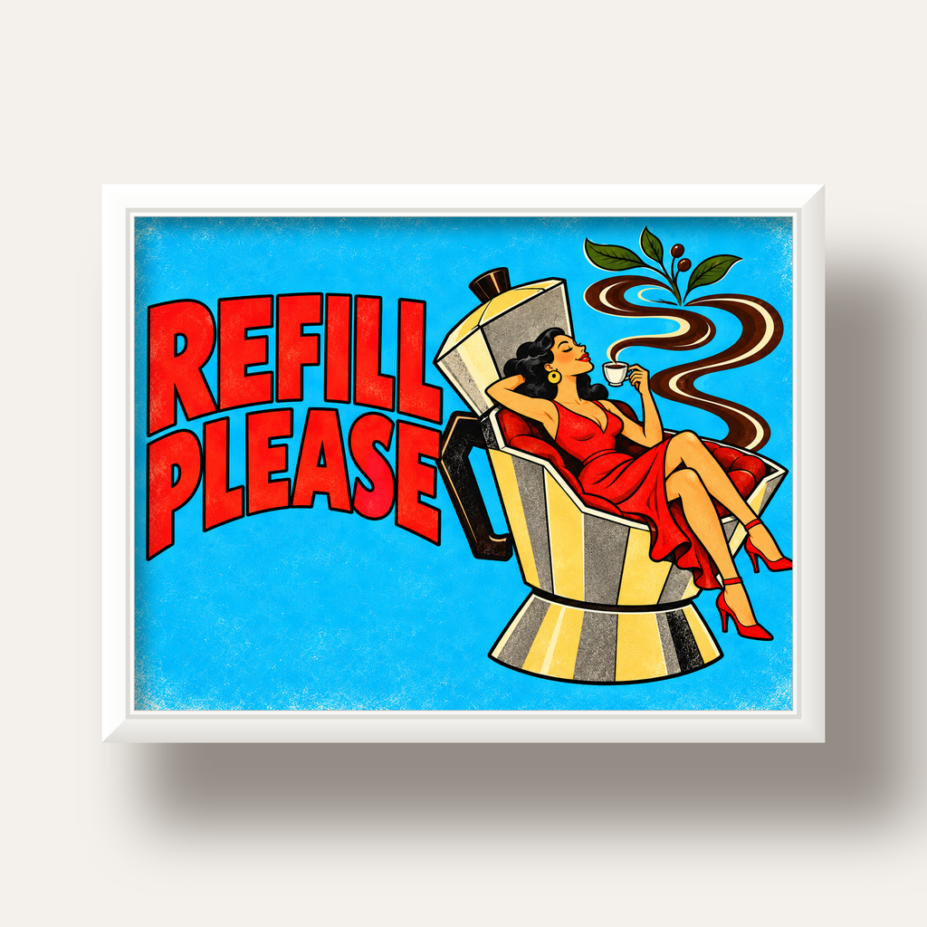 Refill Please Moka Pot Kahve Pop Art Poster — beyaz derin çerçeveli