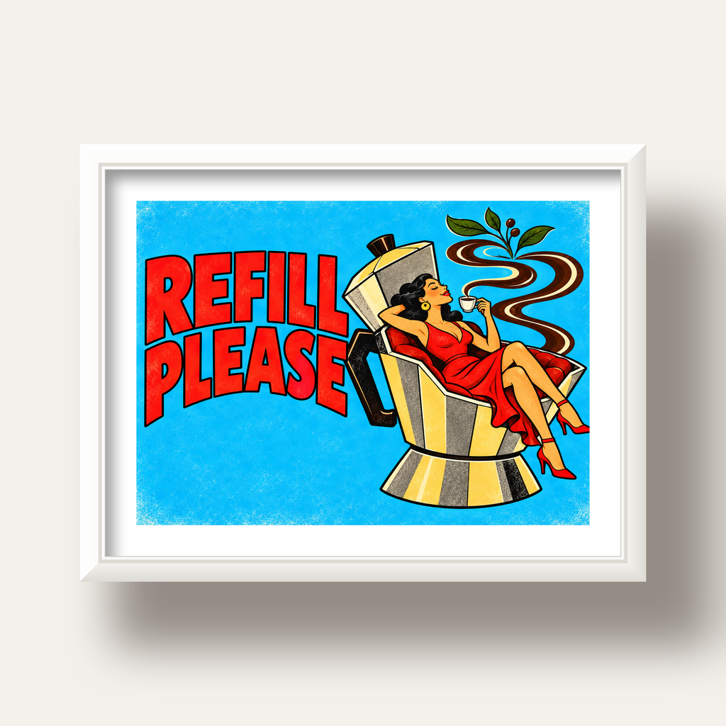 Refill Please Moka Pot Kahve Pop Art Poster — beyaz derin çerçeveli paspartulu