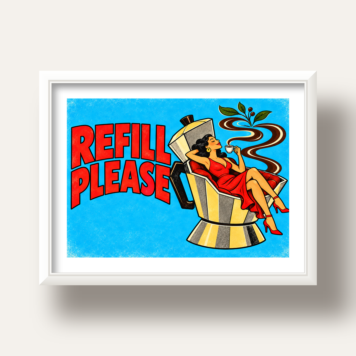 Refill Please Moka Pot Kahve Pop Art Poster — beyaz derin çerçeveli paspartulu